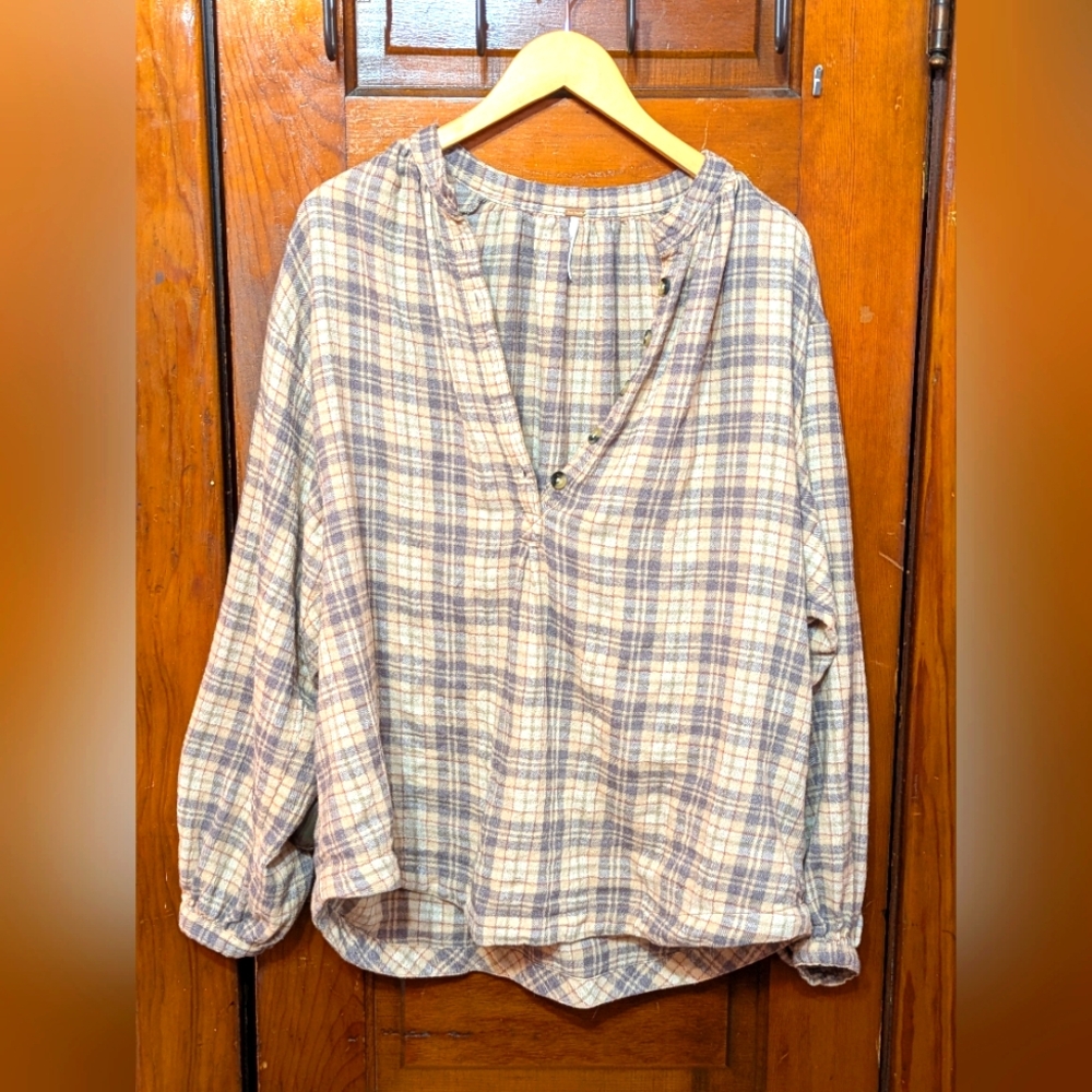Free People Northern Bound Plaid Lightweight Thermal Blouse Top Balloon Sleeve